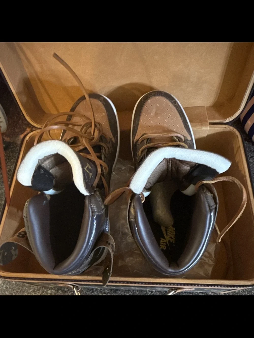 Off-Louis LV Air Jordan 1 High Top Sneakers Brown/Tan Monogram Lace-Up